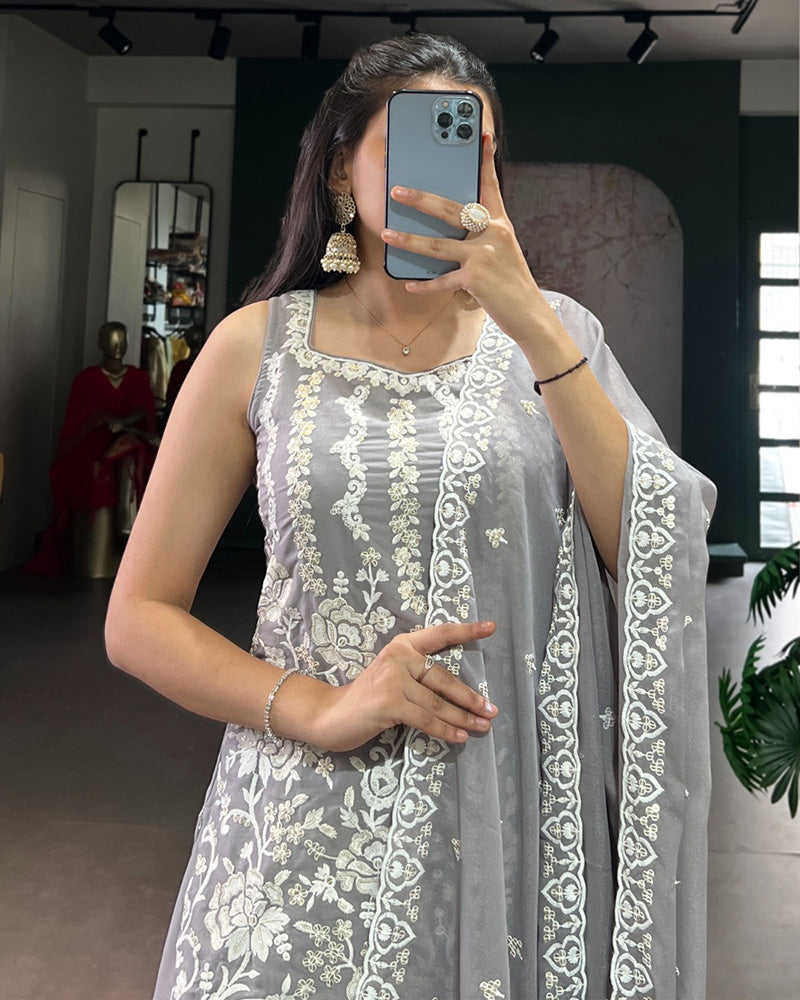 Grey Color Star Georgette Embroidered Sharara Suit