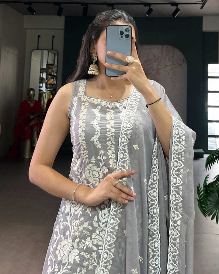 Grey Color Star Georgette Embroidered Sharara Suit