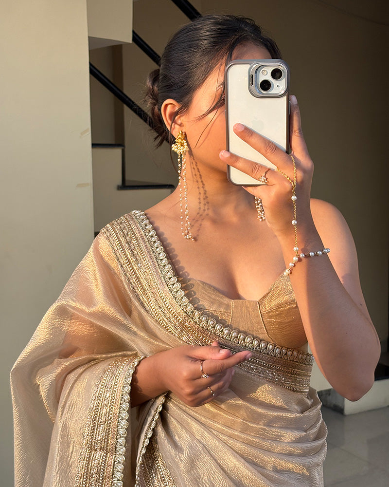 Premium Cream Color Tissue Crush Saree