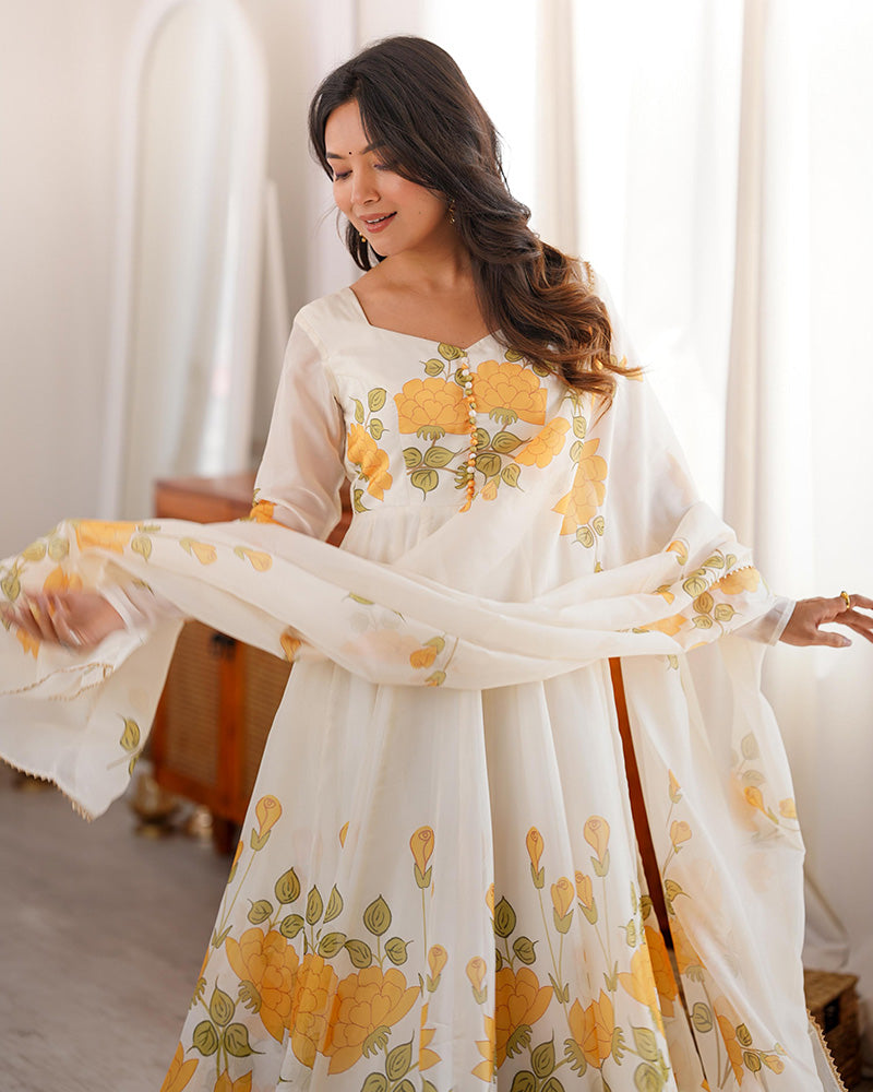 Creamish White Color Floral Print Organza Three Piece Anarkali Suit