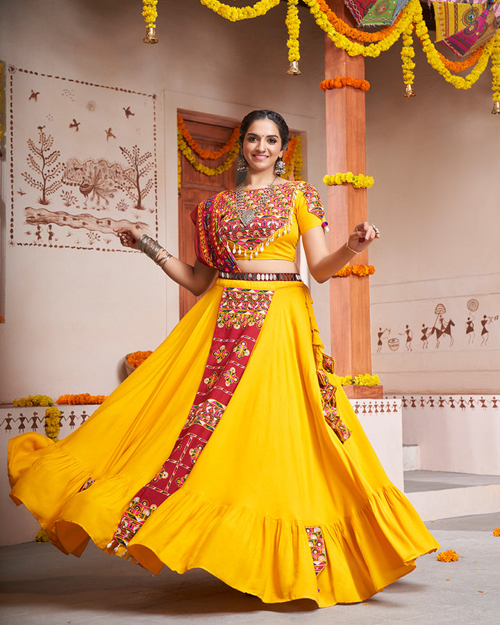 Yellow Color Viscose Rayon Thread And Mirror Work Fully Stitched Navratri Lehenga Choli