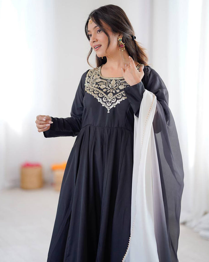 Black Color Soft French Crape Embroidered Anarkali Suit