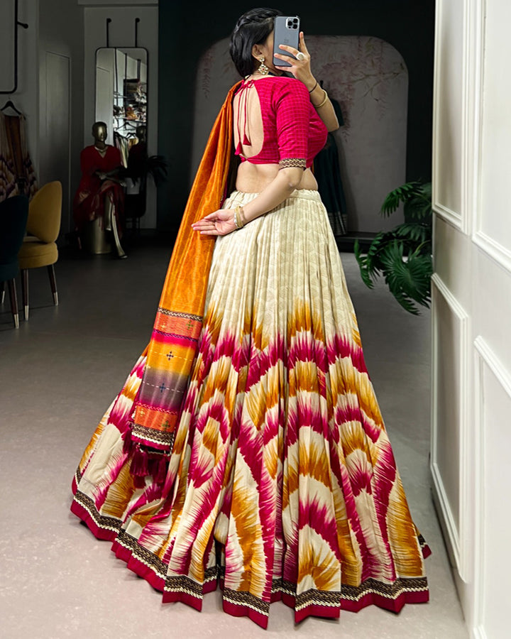 Red Color Tasar Silk Dye Printed Lehenga Choli