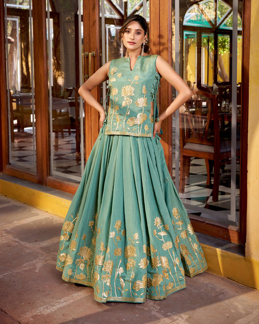 Sky Blue Color Pure Shimmer Embroidered Lehenga Choli