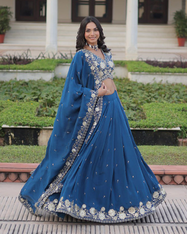 Peacock Blue Color Vichitra Silk Thread Embroidered Lehenga Choli