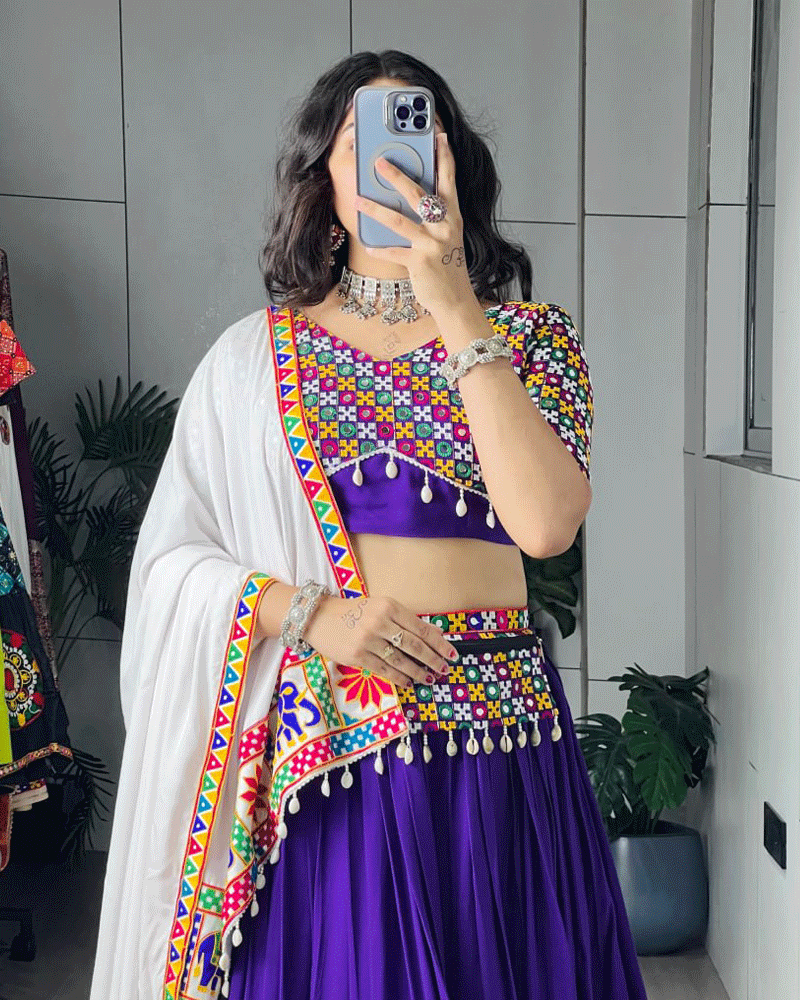 Purple And White Color Rayon Cotton Navratri Lehenga Choli