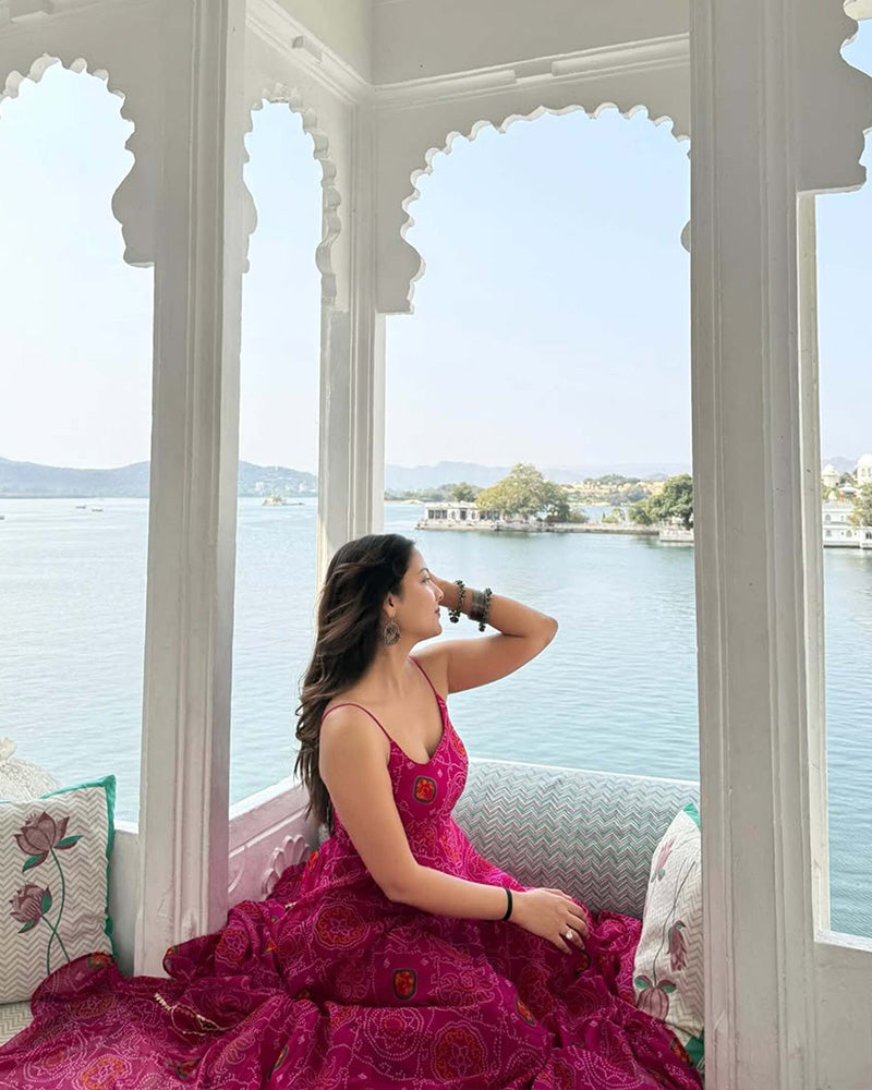 Geetika Bisht In Floral Pink Color Soft Chiffon Three Piece Anarkali Gown