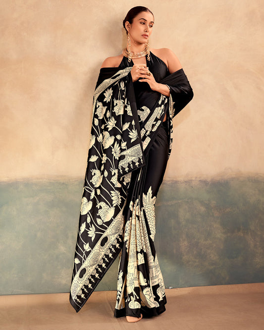 Black Color Satin Silk Kalamkari Printed Saree