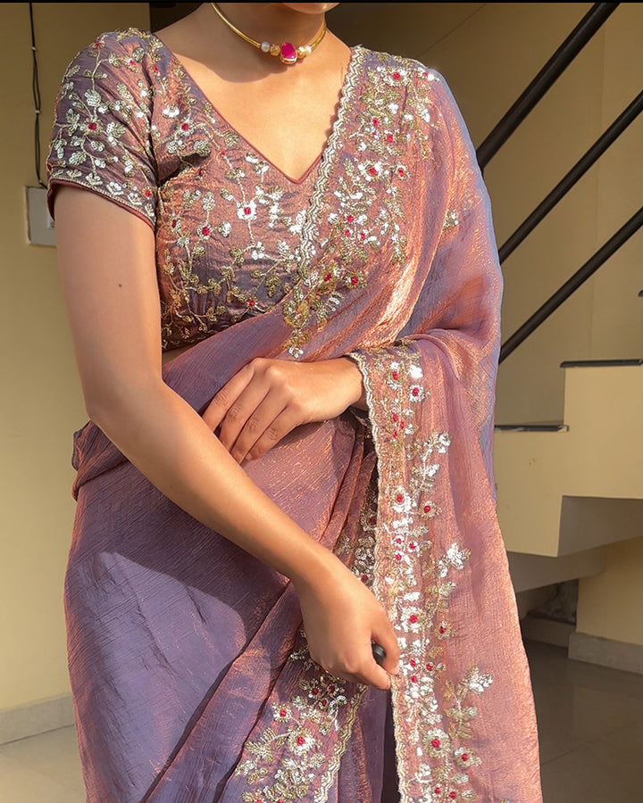 Dusty Mauve Color Fendi Chiffon Sequence Embroidered Saree