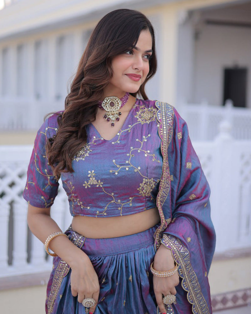 Dusty Blue Color Ysl Silk Embroidered Lehenga Choli