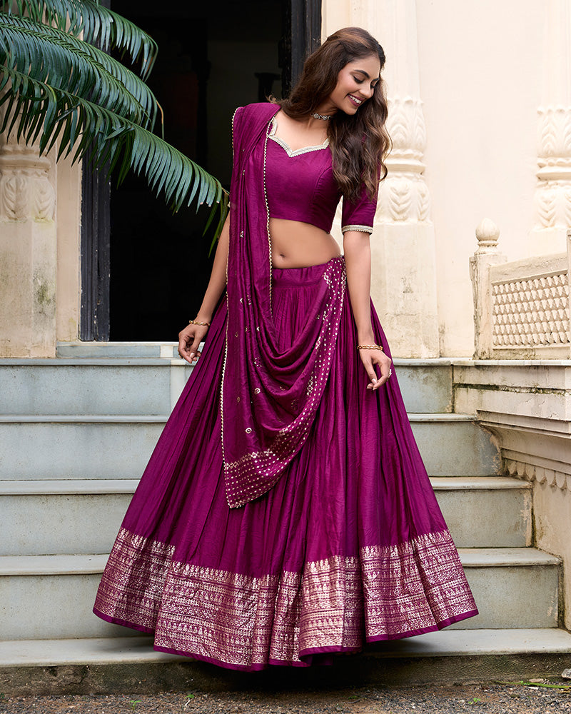 Wine Color Pure Chanderi Plain Navratri Half Saree