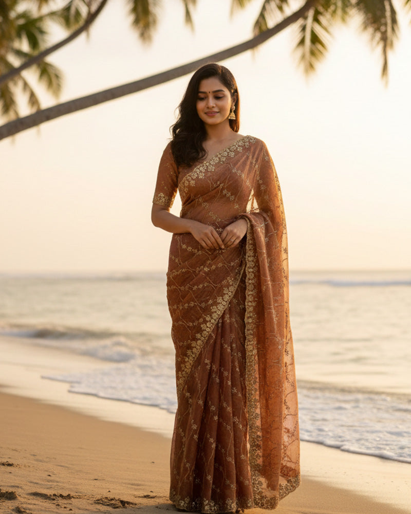 Luvender Color Space Silk Embroidered Saree