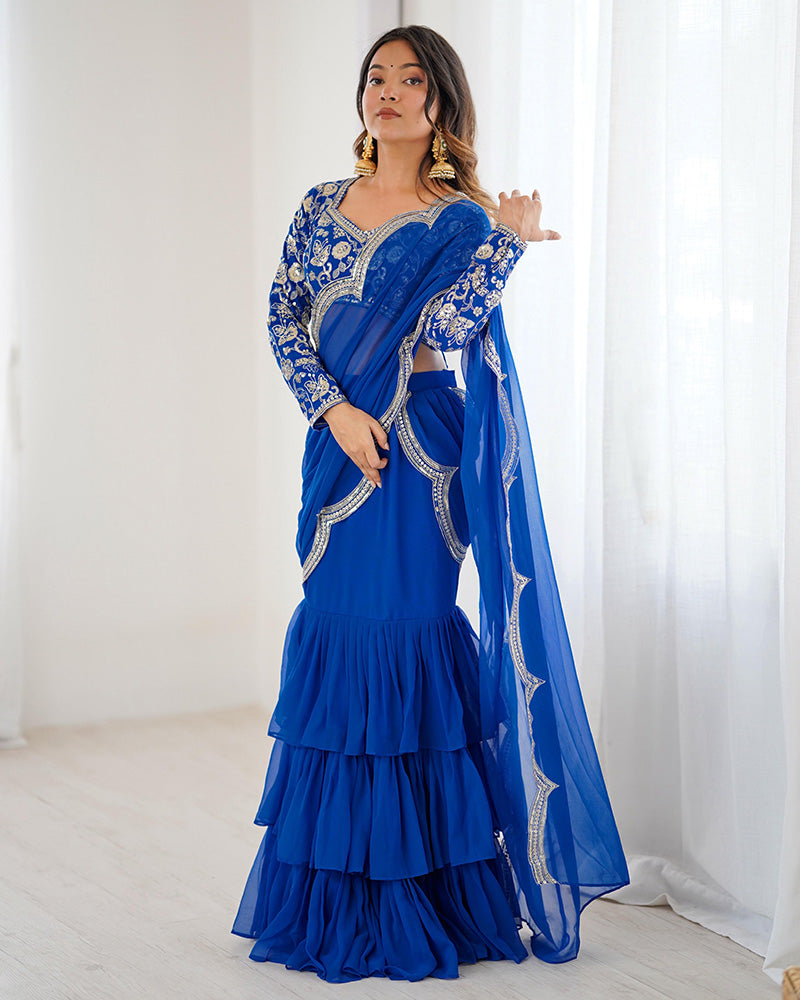 Blue Color Faux Georgette Ruffle Lehenga Saree