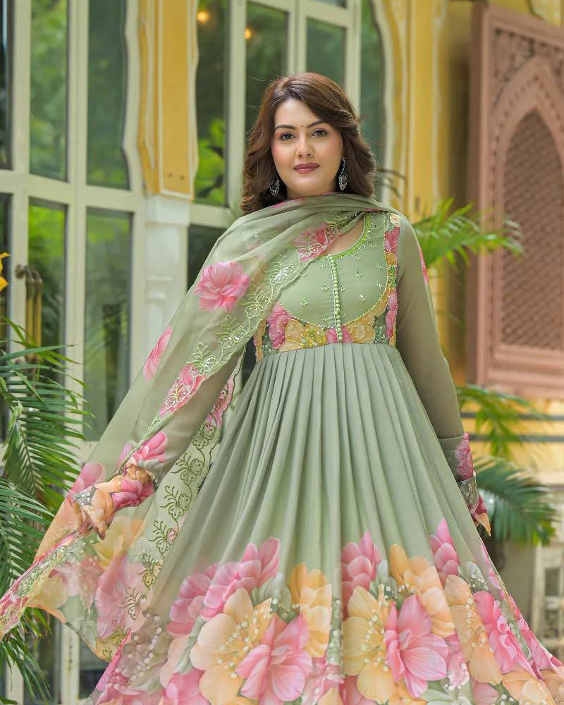 Pista Color Faux Georgette Printred Anarkali Suit