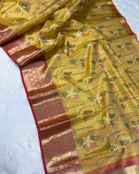 Yellow Color Tissue Silk Floral Embroidered Saree
