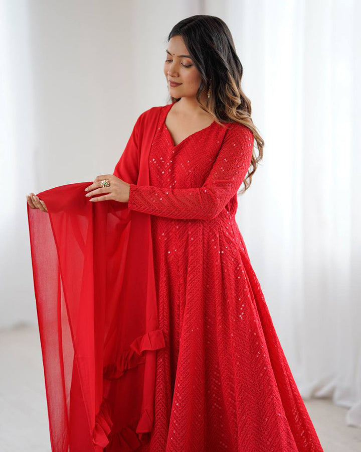 Red Color Georgette Lucknowi Three Piece Anarkali Suit