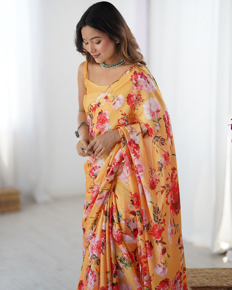Yellow Color Chinnon Silk Mirror Work Saree
