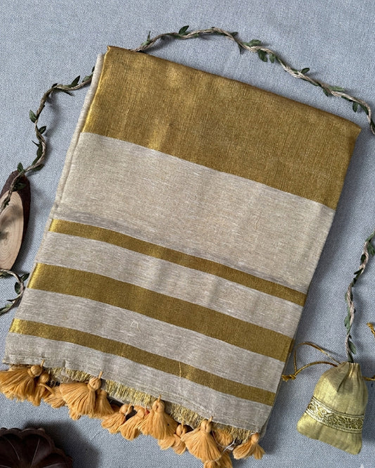 Cream Color Pure Mal Cotton Kanchipuram Saree