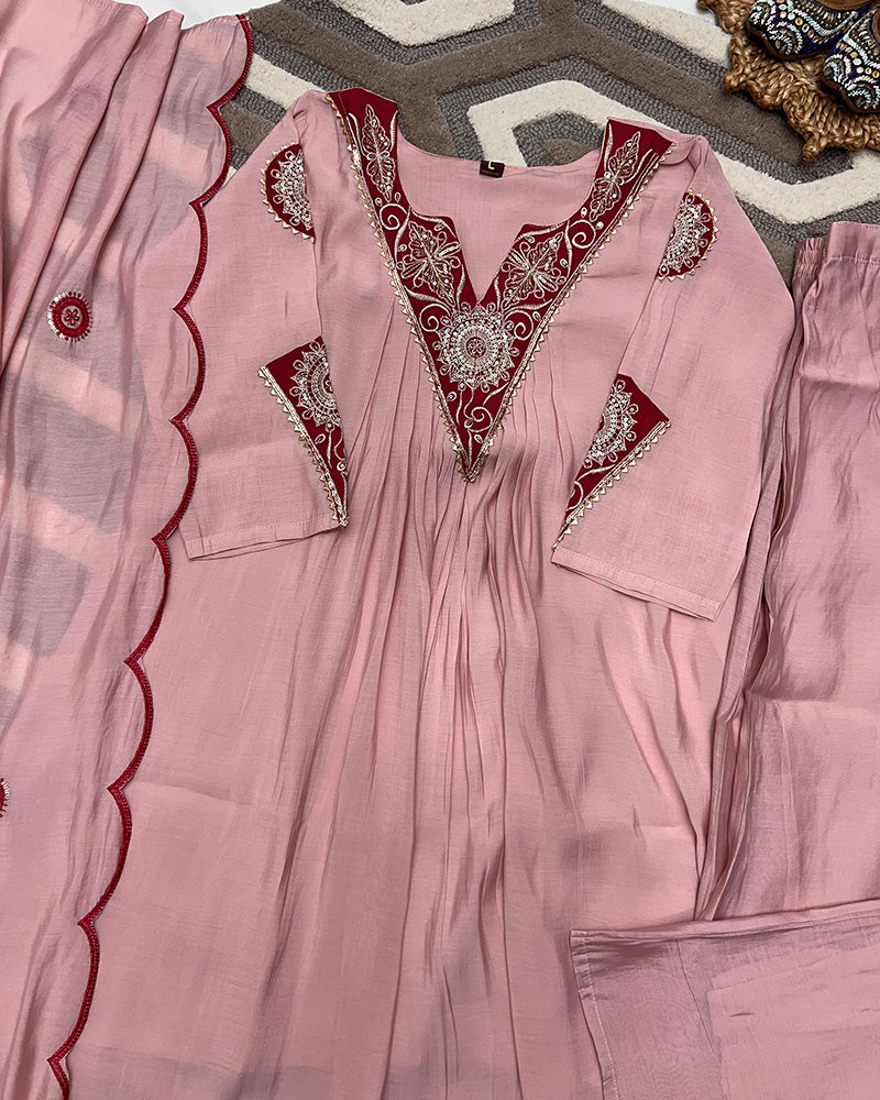 Baby Pink Color Roman Chanderi Plazzo Suit