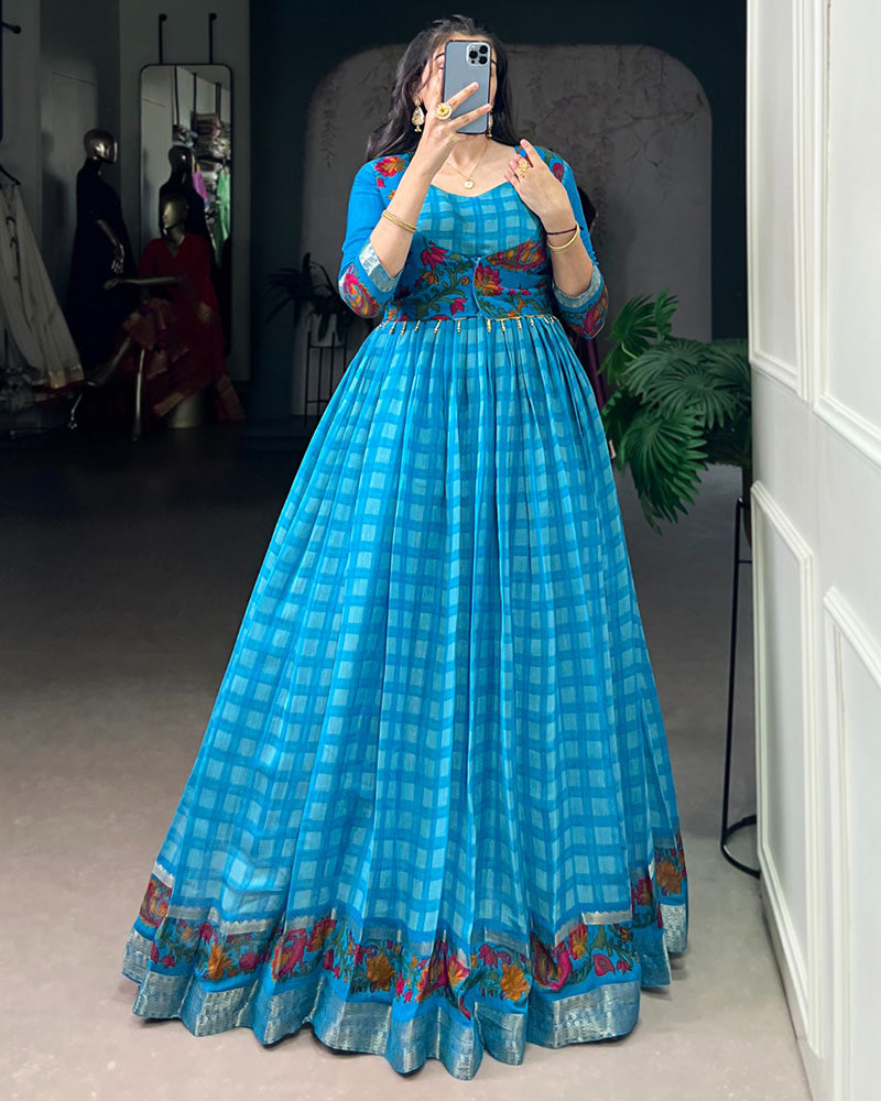Sky Blue Color Viscose Chanderi Printed Gown