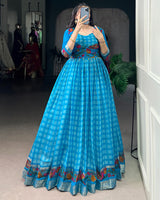 Sky Blue Color Viscose Chanderi Printed Gown