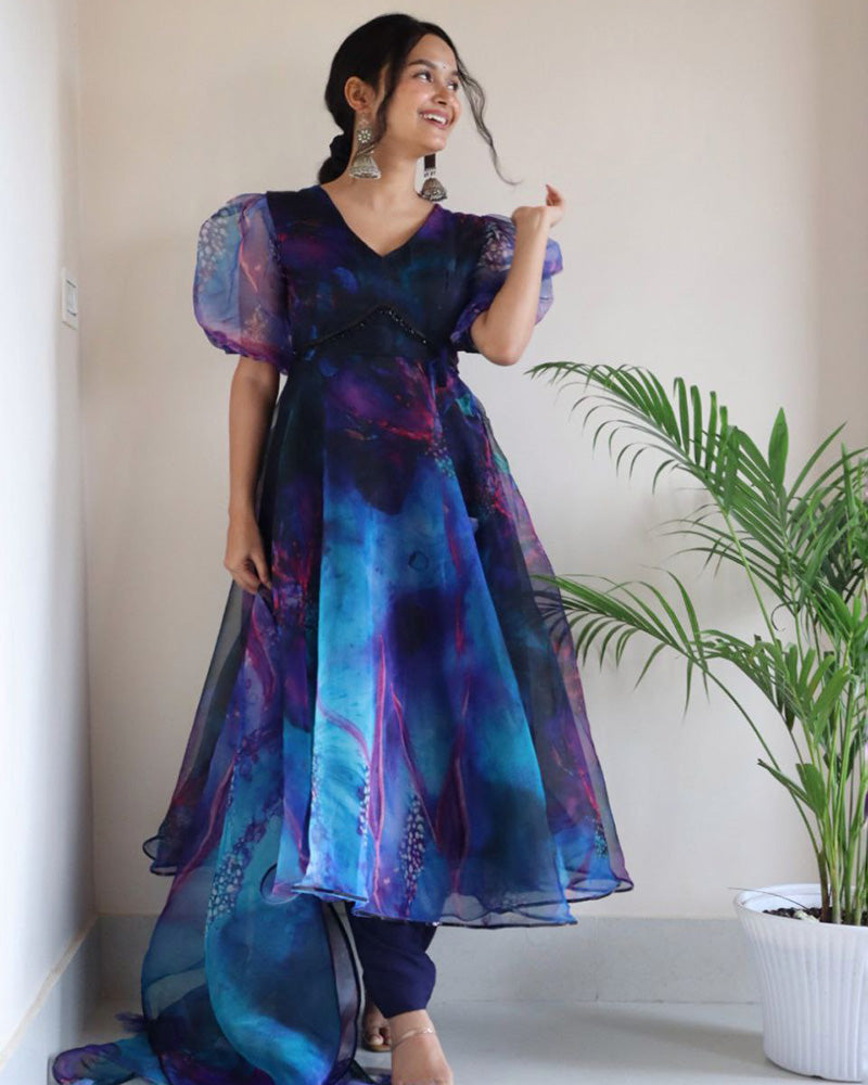 Blue Color Printed Soft Organza Anarkali Suit