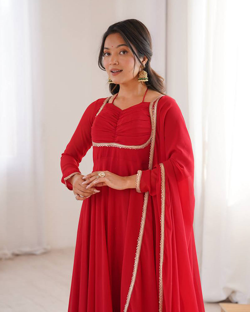 Red Color Pure Blooming Georgette Anarkali Gown