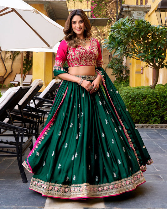 Green Color Satin Silk Embroidered Lehenga Choli