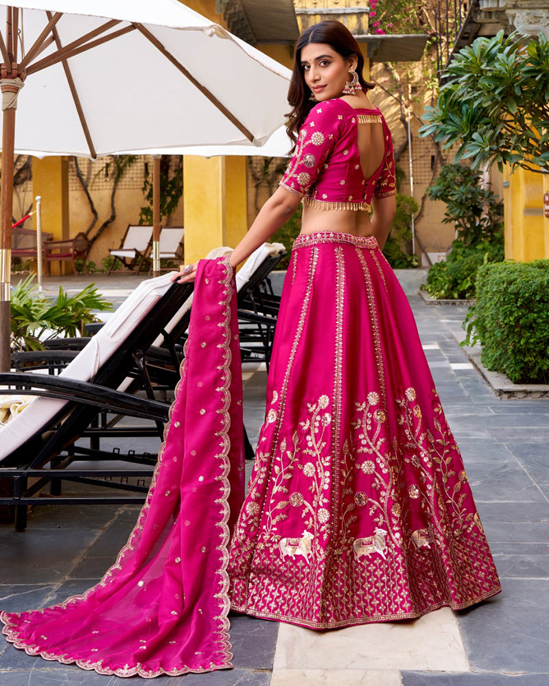 Rani Pink Color Natural Silk Embroidered Lehenga Choli