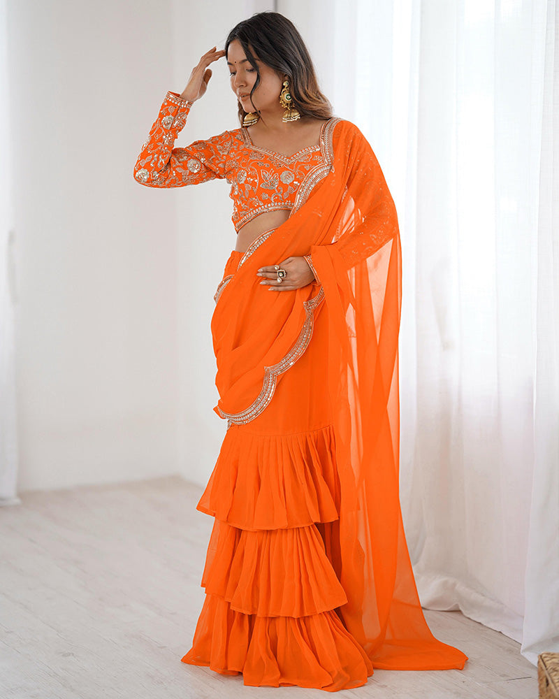 Orange Color Faux Georgette Ruffle Lehenga Saree