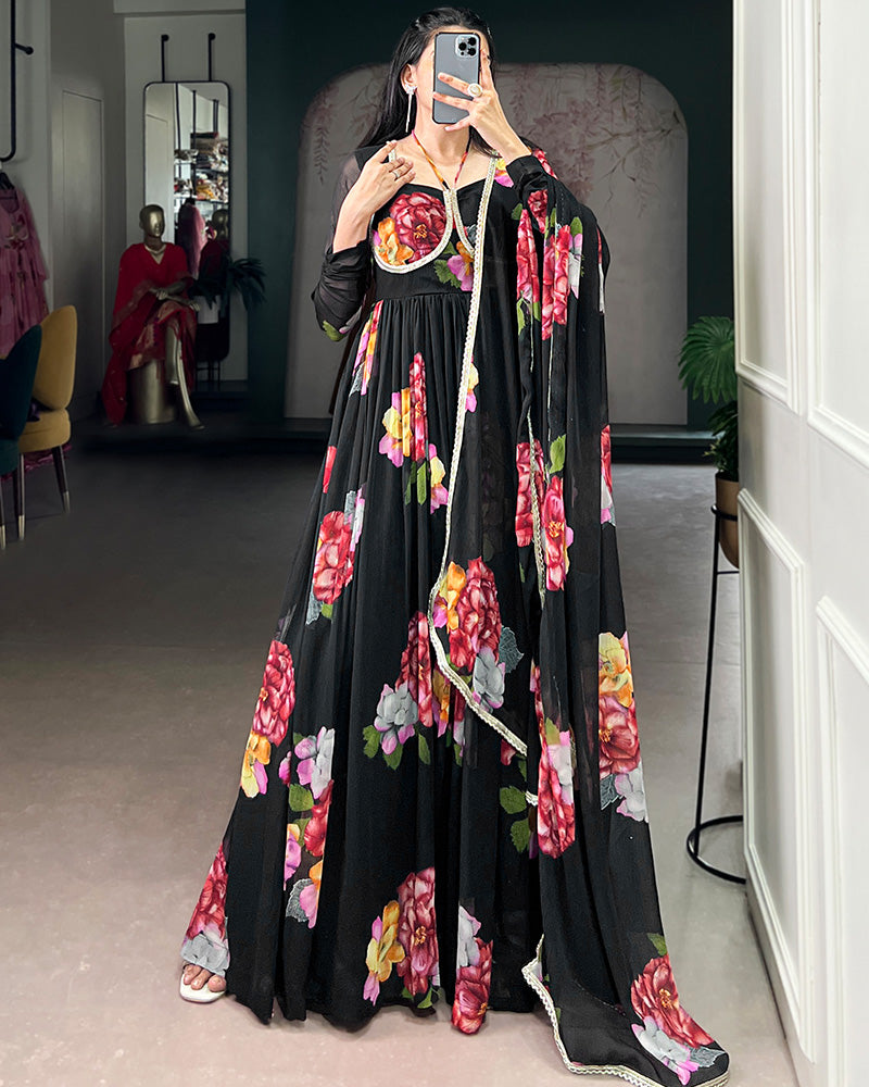 Black Color All Over Floral Printed Chiffon Gown