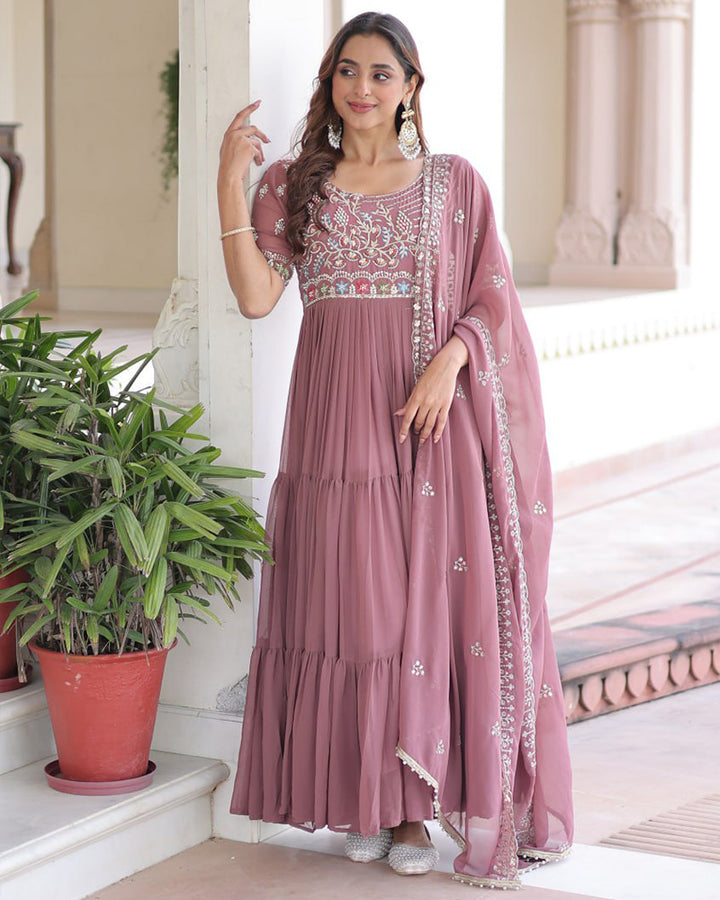 Mauve Pink Color Faux Blooming Embroidered Gown