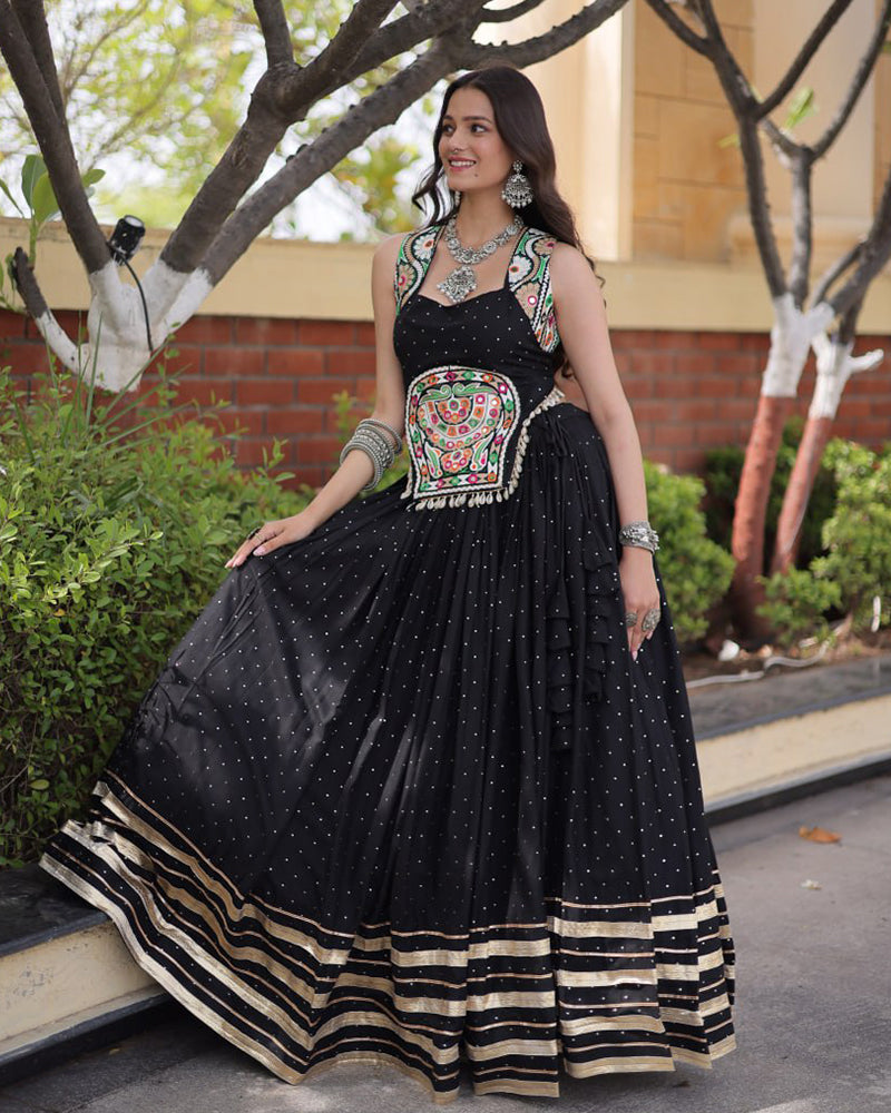 Six Color Rayon Mukesh-work With Patti Lace Navratri Lehenga Set