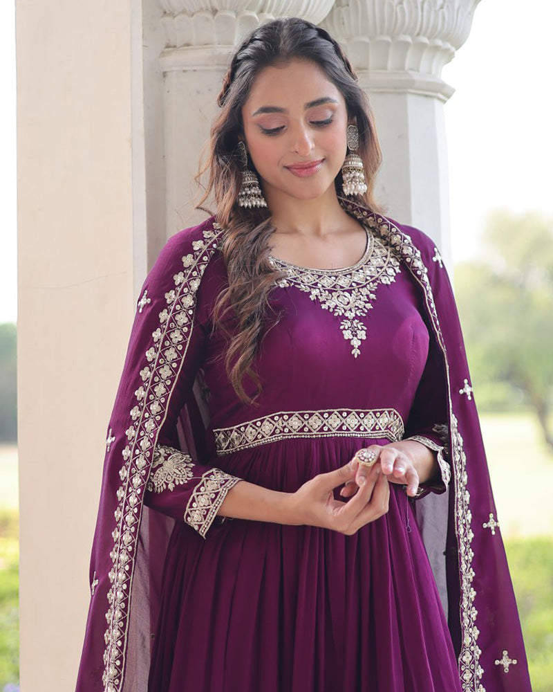 Royal Magenta Color Vichitra Silk Embroidered Gown