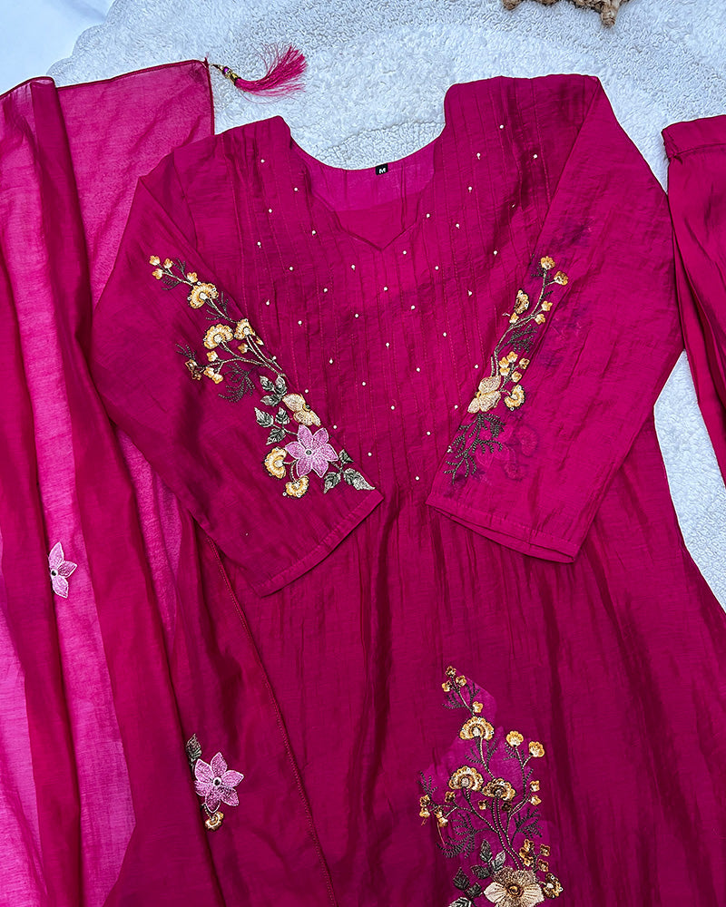 Rani Pink Color Roman Chanderi Silk Embroidered Plazzo Suit