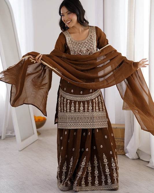 Brown Color Pure Soft Crunchy Silk Sharara Suit