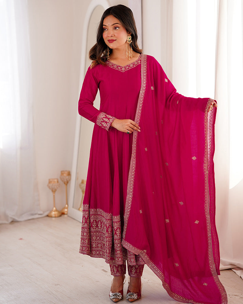 Rani Pink Color Blooming Vichitra Silk Anarkali Suit