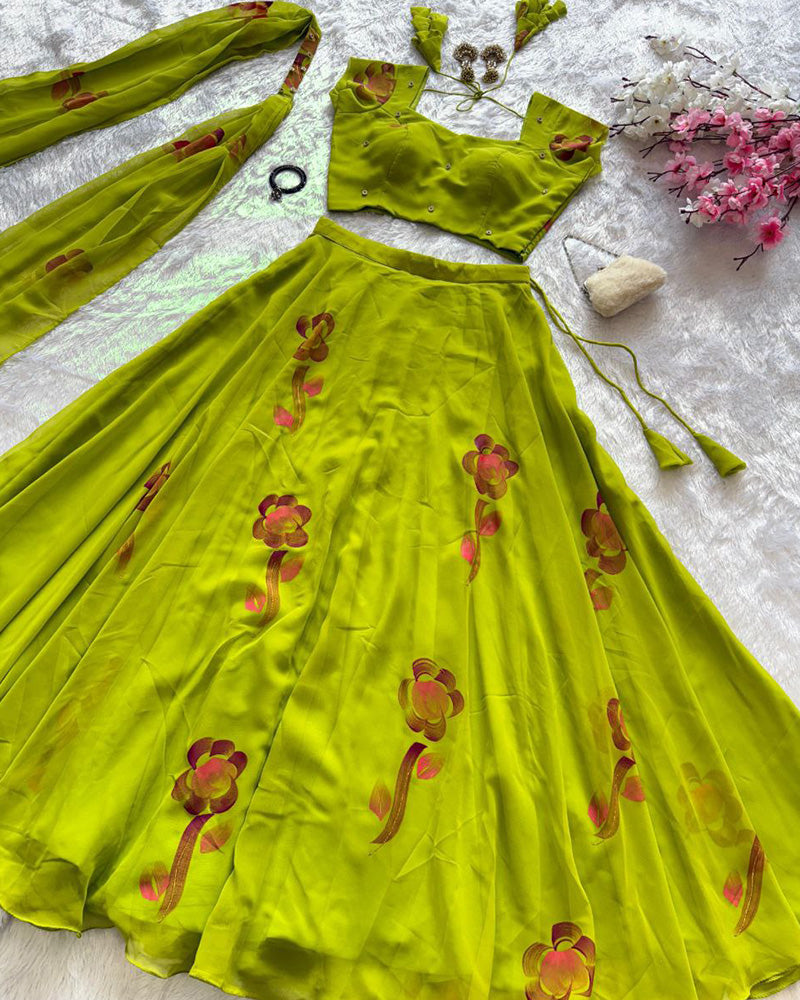 Mehndi Color Pure georgette Printed Lehenga Choli