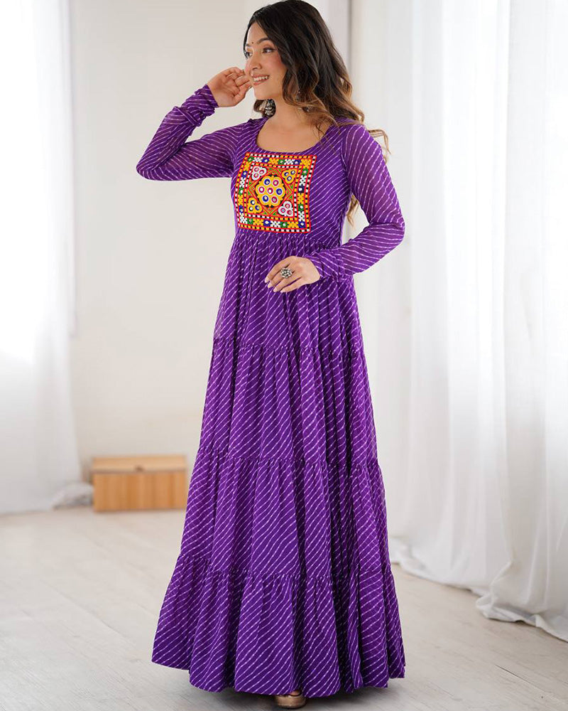purple Color Georgette Laheriya Print Navratri Gown
