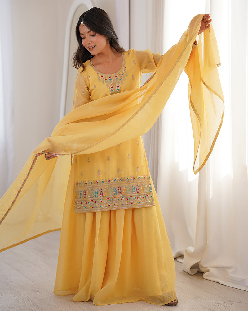 Yellow Color Crunchy Silk Embroidered Plazzo Suit