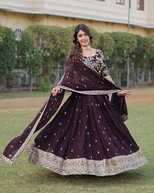 Wedding Wear Dark Wine Color Designer Blooming Lehenga Choli