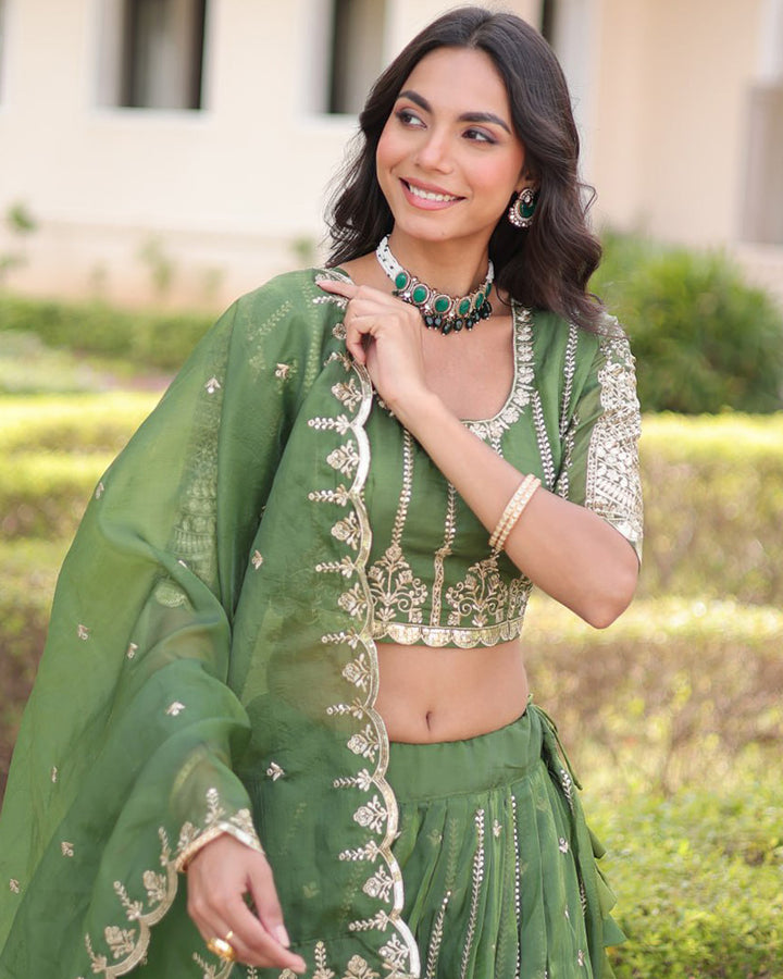 Mehndi Green Color Gold Crush Embroidered Lehenga Choli