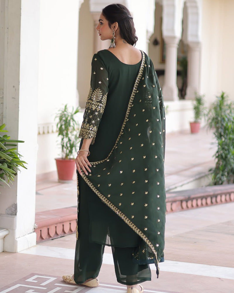 Mehndi Color Georgette Embroidered Three Piece Kurti Suit