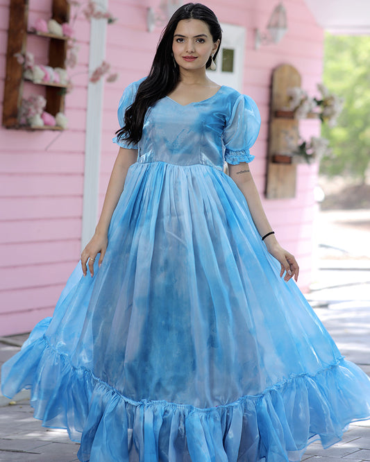 Sky Blue Color Organza Silk Anarkali Gown