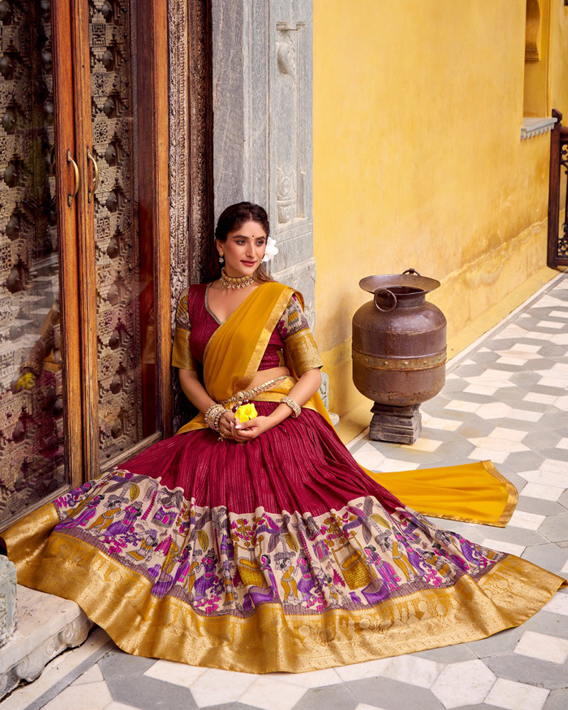 Red Color Poly Chanderi Printed Half Saree