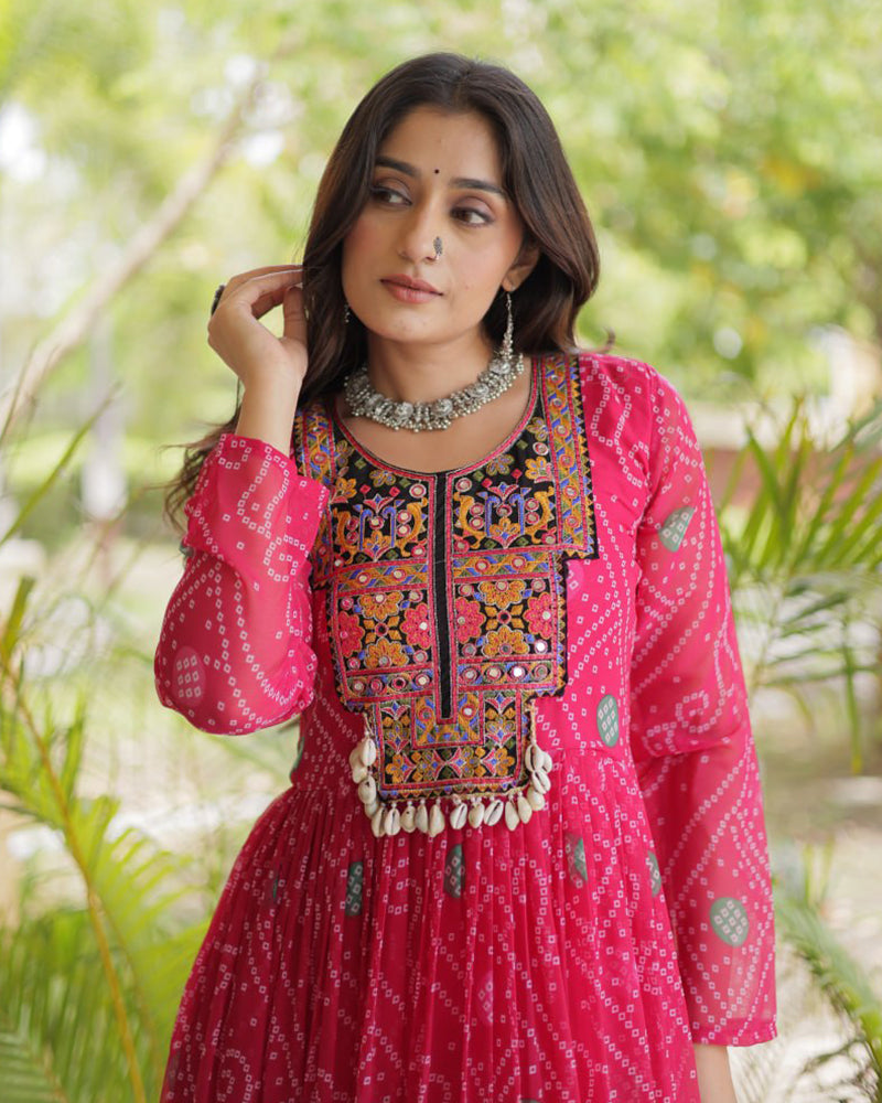Pink Color Bandhani Print Faux Georgette Navratri Gown