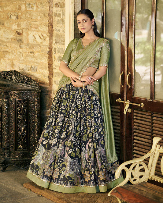 Black Color Tussar Silk Kalamkari Printed Lehenga Choli