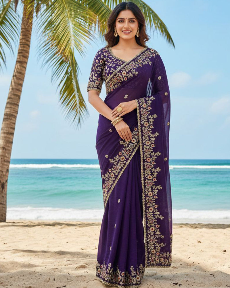 Luvender Color Fendi Chiffon Sequence Embroidered Saree