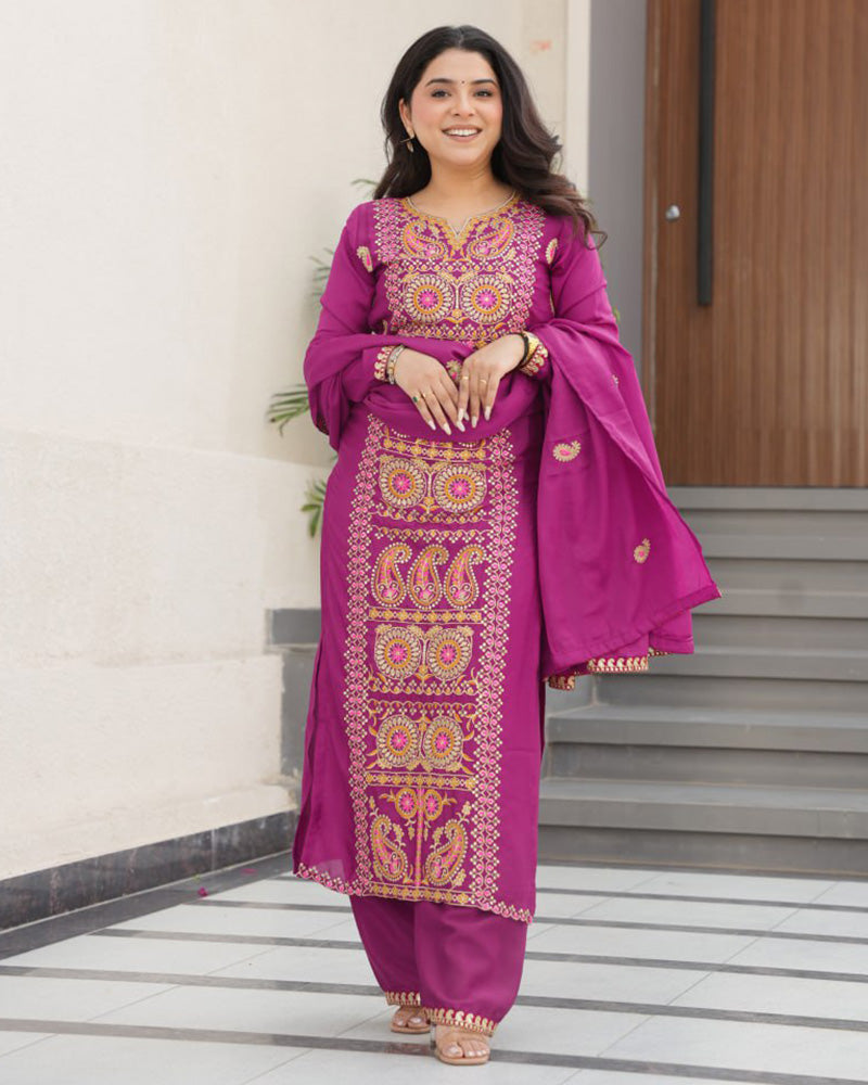 Magenta Color Chinon Embroidered Kurti Suit