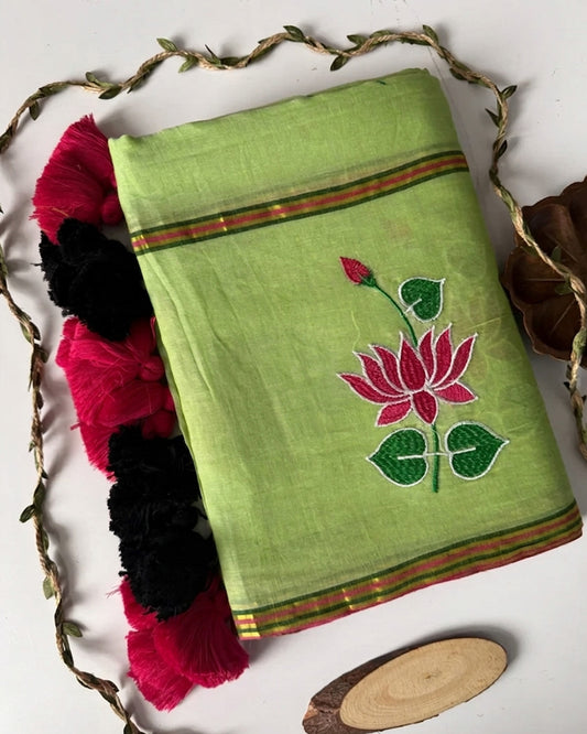 Pista Color Pure Mal Cotton Lotus Work Saree